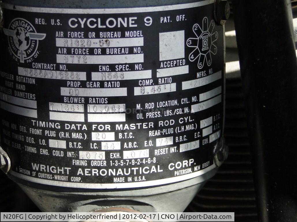 N20FG, 1938 Grumman F3F-2 C/N 1033, Engine plate with specifications