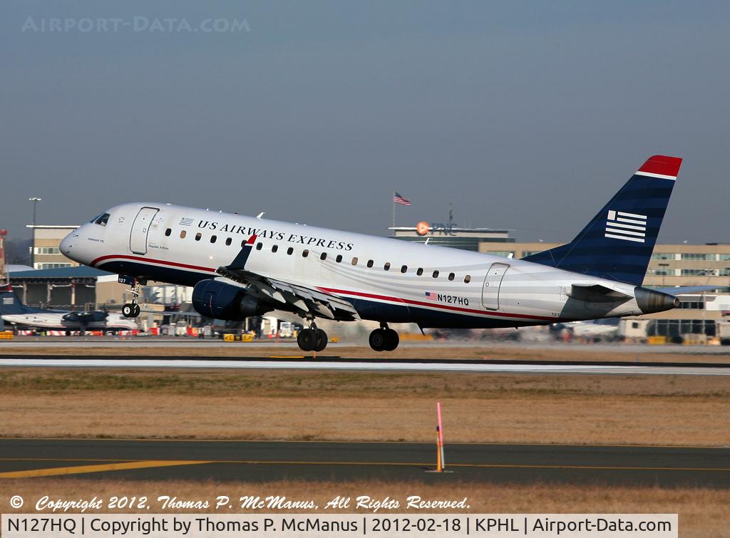 N127HQ, 2008 Embraer 175LR (ERJ-170-200LR) C/N 17000206, Republic Airline RJ touching down on 27R at PHL.