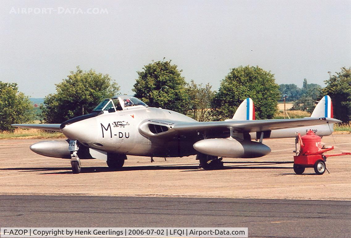 F-AZOP, De Havilland (FFA) Vampire FB.6 (DH-100) C/N 701, French AF Openday at Cambrai.
cs M-DU ; ex Swiss AF J-1192