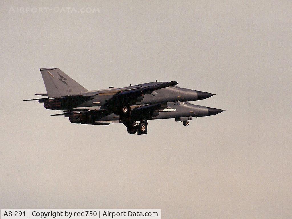 A8-291, 1968 General Dynamics F-111G C/N B1-63, Photograph by Edwin van Opstal with permission. Scanned from a color print. Formerly USAF 68-0291. Crashed into a small island in South China Sea on Apr 8 1999, killing the two crew.