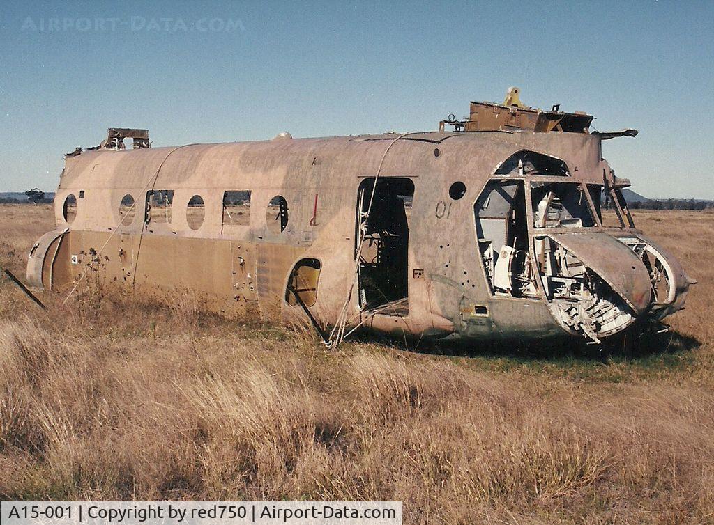 A15-001, 1973 Boeing Vertol CH-47C Chinook C/N E-001, Photograph by Edwin van Opstal with permission. Scanned from a color print. RAAF's first Chinook. Crashed into a dam in 1985. Was recovered and used as a fire training aid at Amberley.