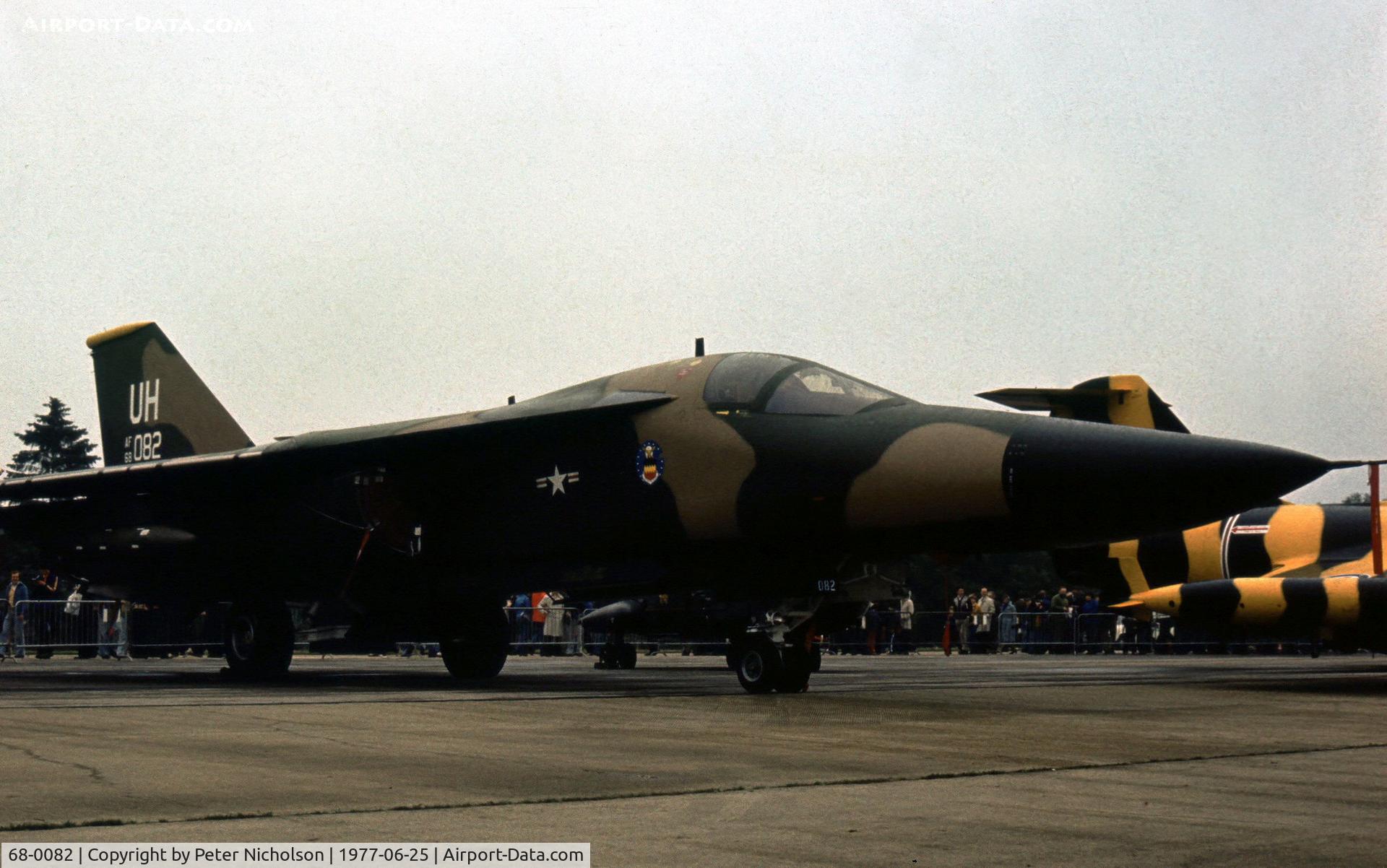 68-0082, 1968 General Dynamics F-111E Aardvark C/N A1-251, F-111E of 55th Tactical Fighter Squadron.20th Tactical Fighter Wing at Upper Heyford on display at the 1977 Intnl Air Tattoo at RAF Greenham Common.