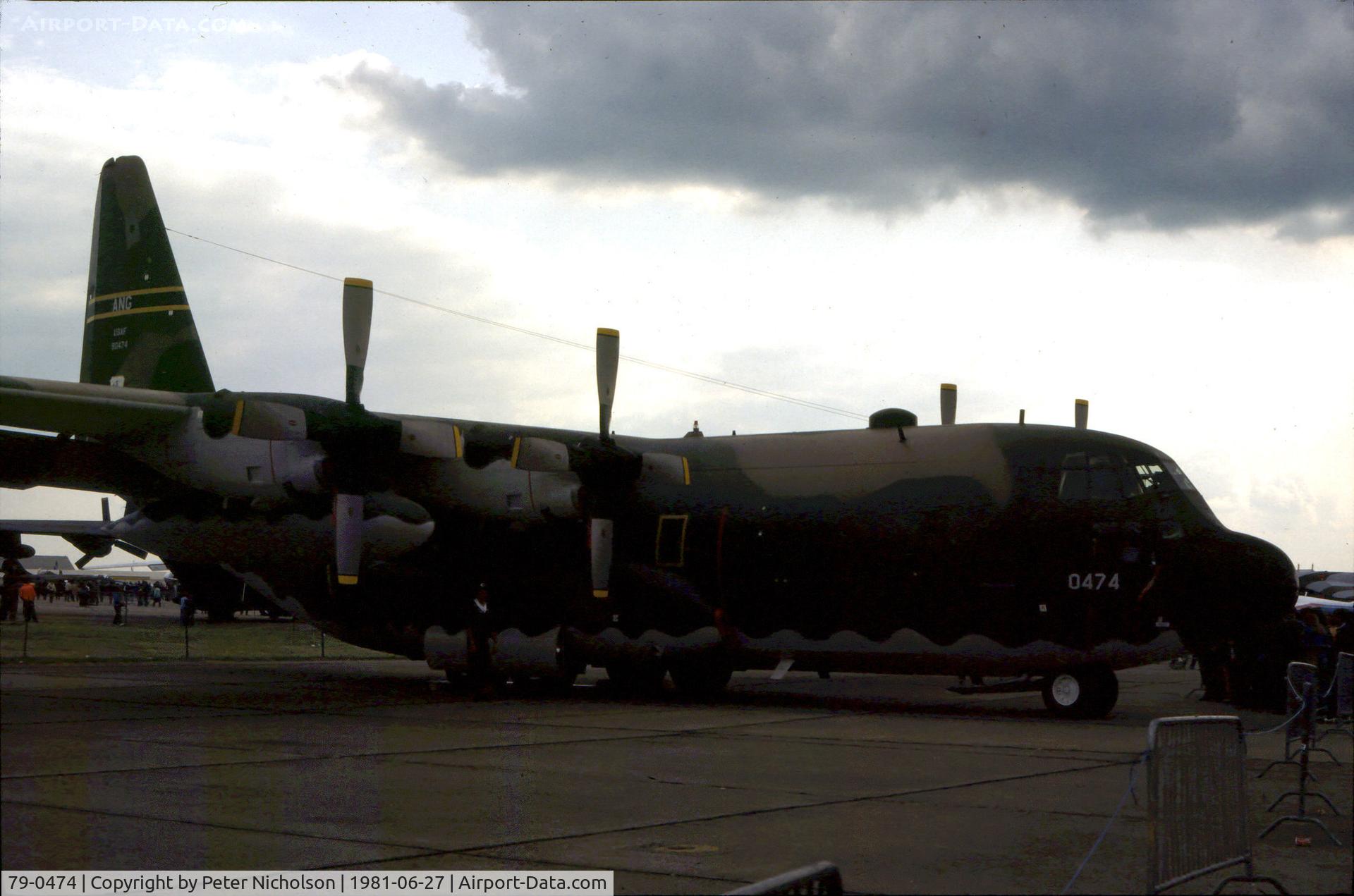 79-0474, 1979 Lockheed C-130H Hercules C/N 382-4854, C-130H Hercules of 183rd Tactical Airlift Squadron Mississippi Air National Guard on display at the 1981 Intnl Air Tattoo at RAF Greenham Common.