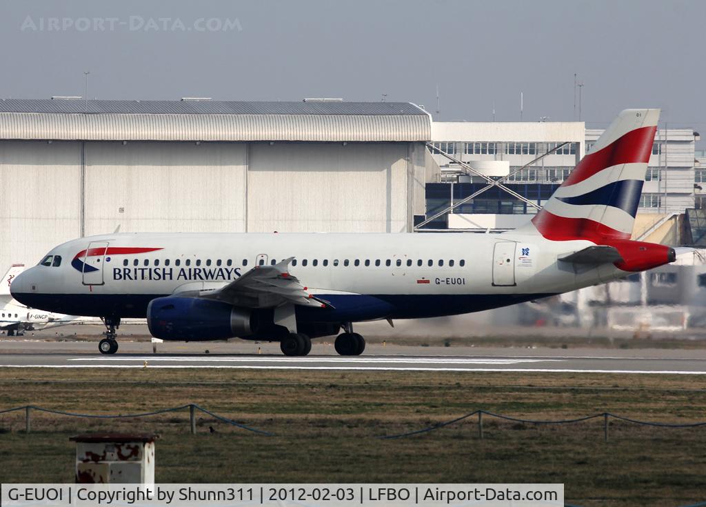 G-EUOI, 2001 Airbus A319-131 C/N 1606, Ready for take off rwy 32R... Additional Olympic Game sticker...