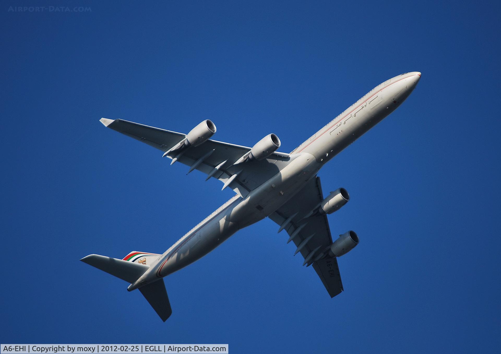 A6-EHI, 2008 Airbus A340-642X C/N 929, Airbus A340-642X departing London Heathrow over
Runnymede.