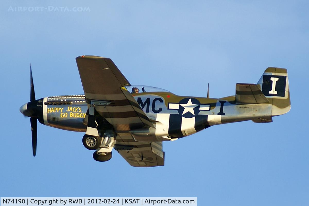 N74190, 1944 North American F-51D Mustang C/N 44-75452, On approach runway 3, gear coming up for go-around.