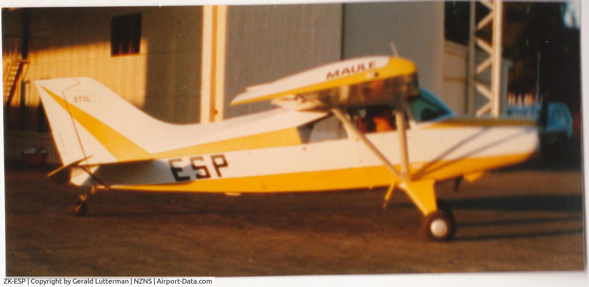 ZK-ESP, Maule M-5-180C C/N 8016C, Photo taken outside hangar at Nelson airport in the early 1980's