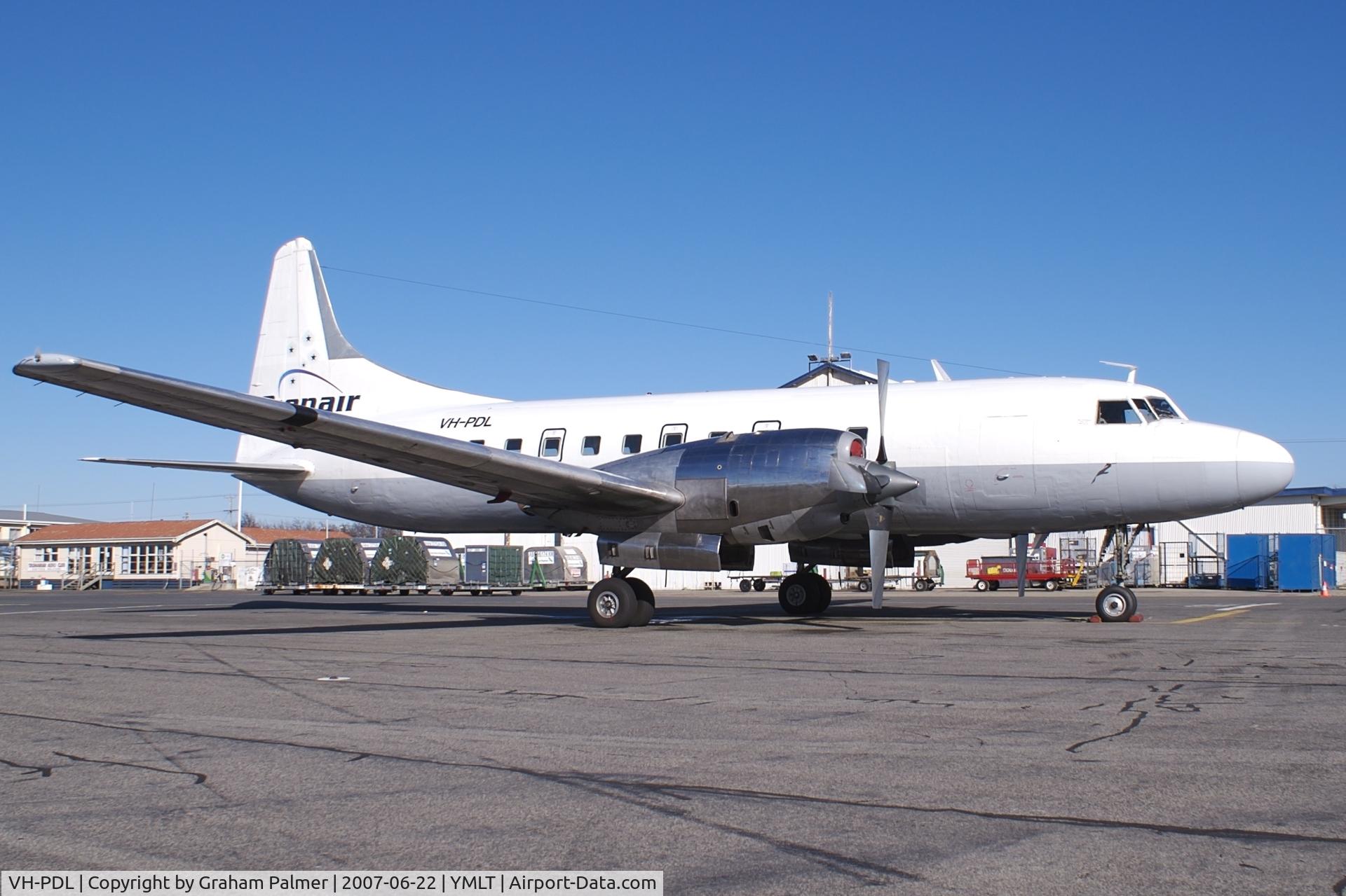 VH-PDL, 1953 Convair 580 C/N 137, Convair 580 operated by Pionair under charter to Australian Air Express nightly freight services from Tasmania to the mainland