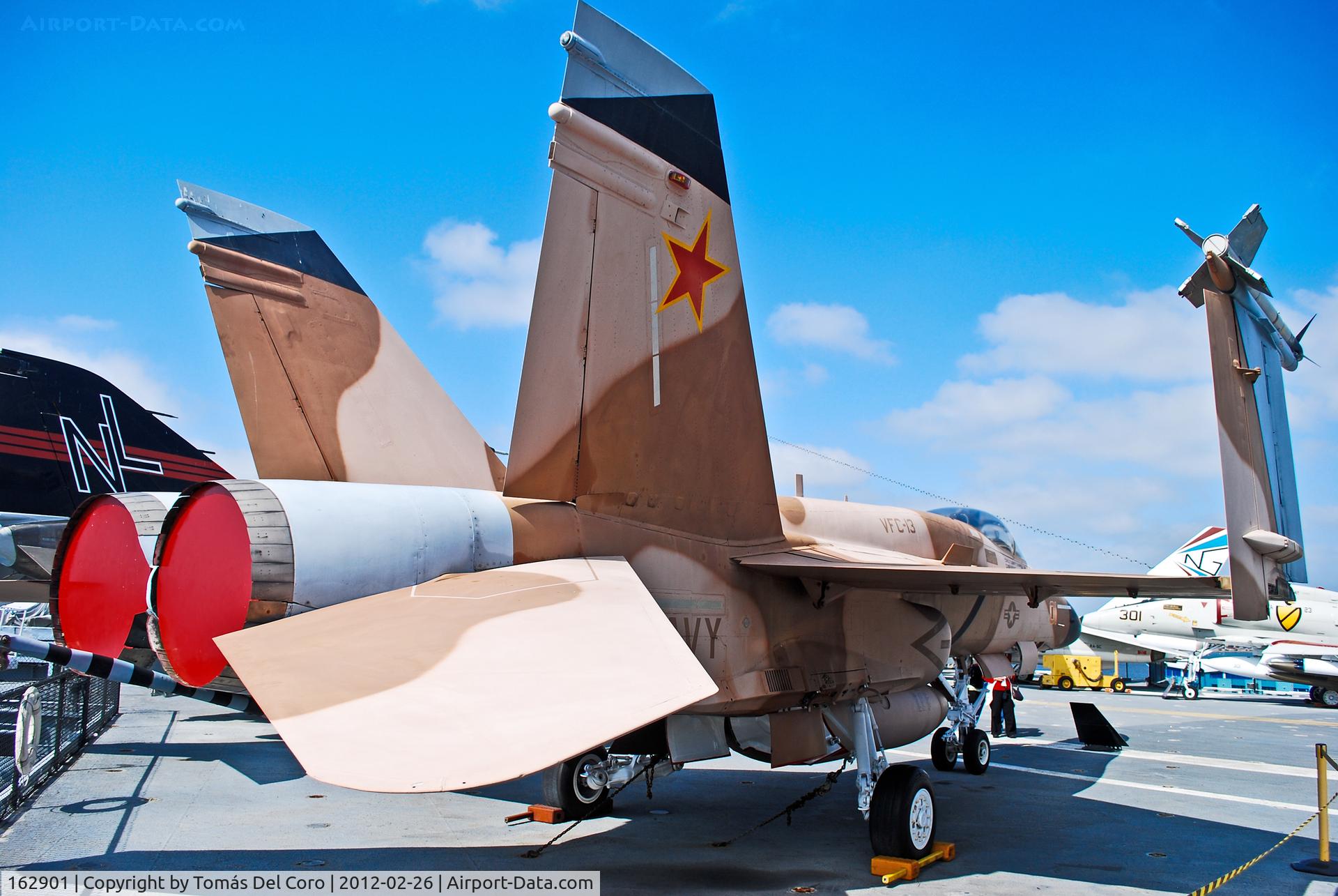 162901, McDonnell Douglas F/A-18A Hornet C/N 0455/A374, Boeing Aerospace (from a McDonell-Douglas/Northrop design) F/A-18A Hornet Strike Fighter 162901 (C/N 0455/A374) - USS Midway Aircraft Carrier 41 | San Diego Museum

This Hornet is painted to resemble a late model Mig fighter for air-combat training