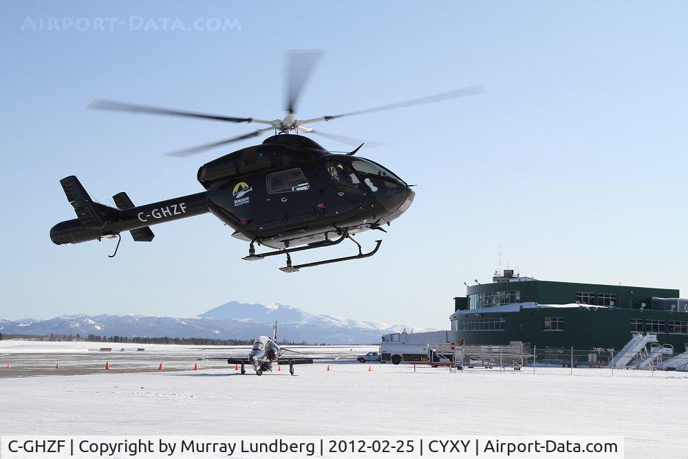 C-GHZF, 1995 MD Helicopters MD-900 Explorer C/N 900-00025, Landing at YXY to pick up passengers for a short tour during the Yukon Sourdough Rendezvous event.