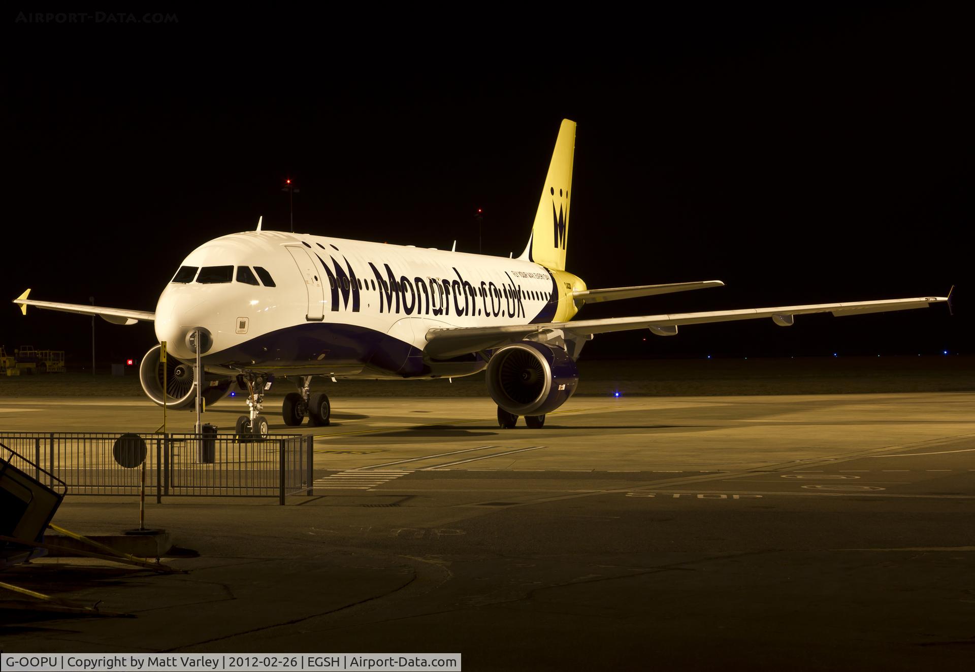 G-OOPU, 2001 Airbus A320-214 C/N 1637, Sat on stand 6 after spray into Monarch C/S (to become G-OZBX)