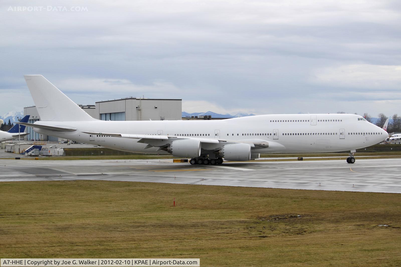 A7-HHE, 2012 Boeing 747-8K8 C/N 37544, Seen taking the runway at KPAE was this 747-8K8 BBJ destined for Qatar Amiri Flight. Aircraft would later become the first 747-8I series delivered.