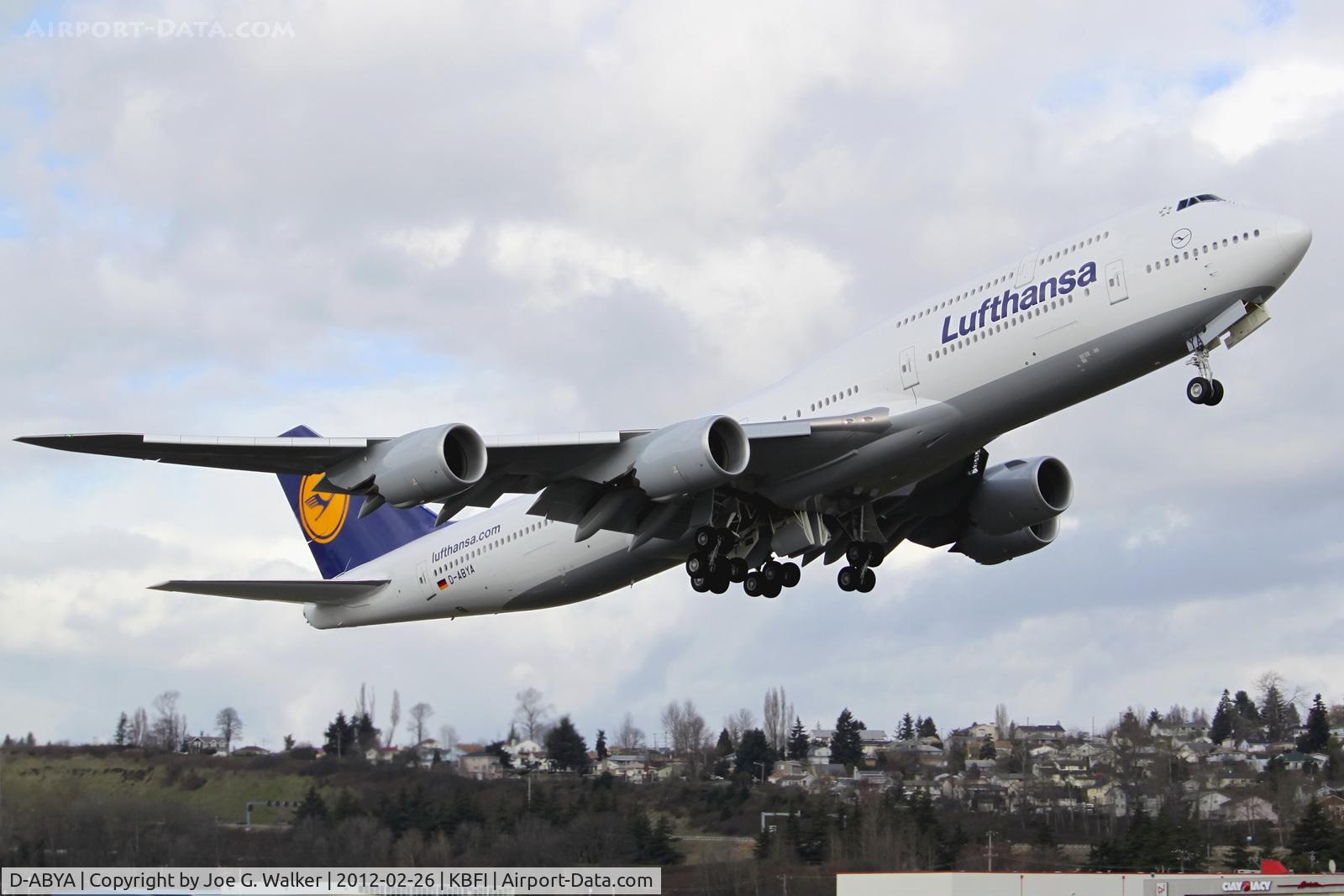 D-ABYA, 2012 Boeing 747-830 C/N 37827, Seen departing Seattle's Boeing Field was this 747-830 in full Lufthansa colors.