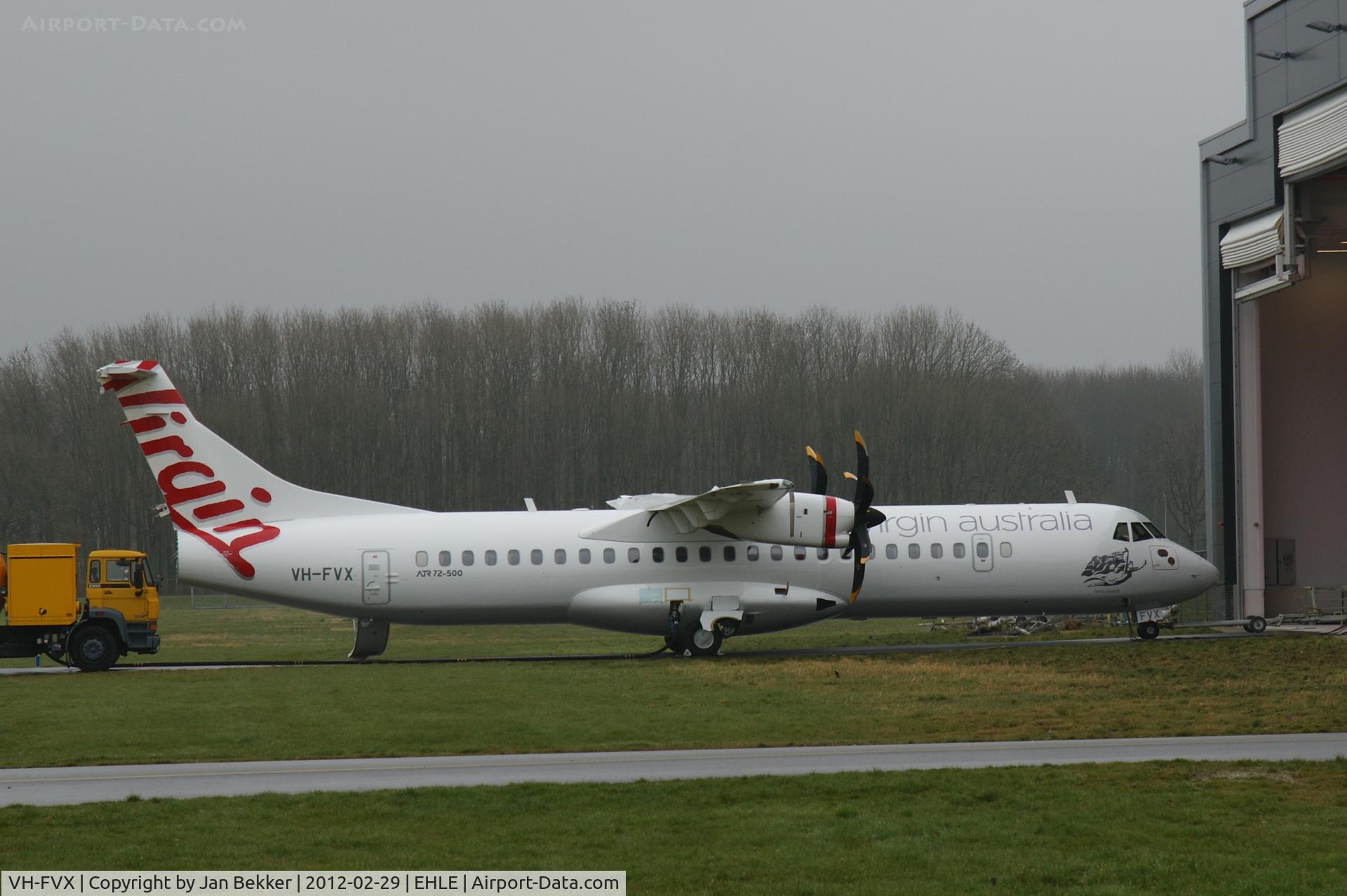 VH-FVX, 2011 ATR 72-212A C/N 986, Former OY-CJV. Just got its new livery and registration by QAPS (Quality Aircraft Painting Services) at Lelystad Airport . The rudder is not yet completely fixed yet. 