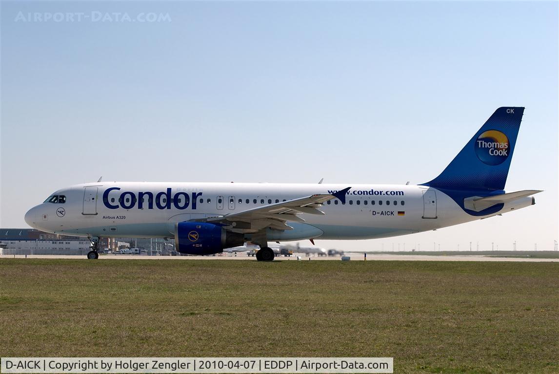 D-AICK, 2001 Airbus A320-212 C/N 1416, A load of sun worshiper is leaving LEJ for a southern destnation.....