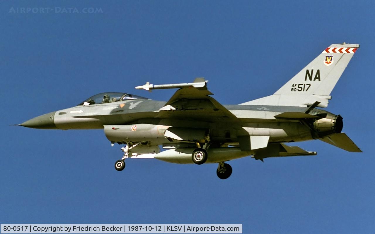 80-0517, 1980 General Dynamics F-16A-10-CF C/N 61-238/M10-34, on final at Nellis AFB, a/c went to Israel in 1990s under Peace Marble I