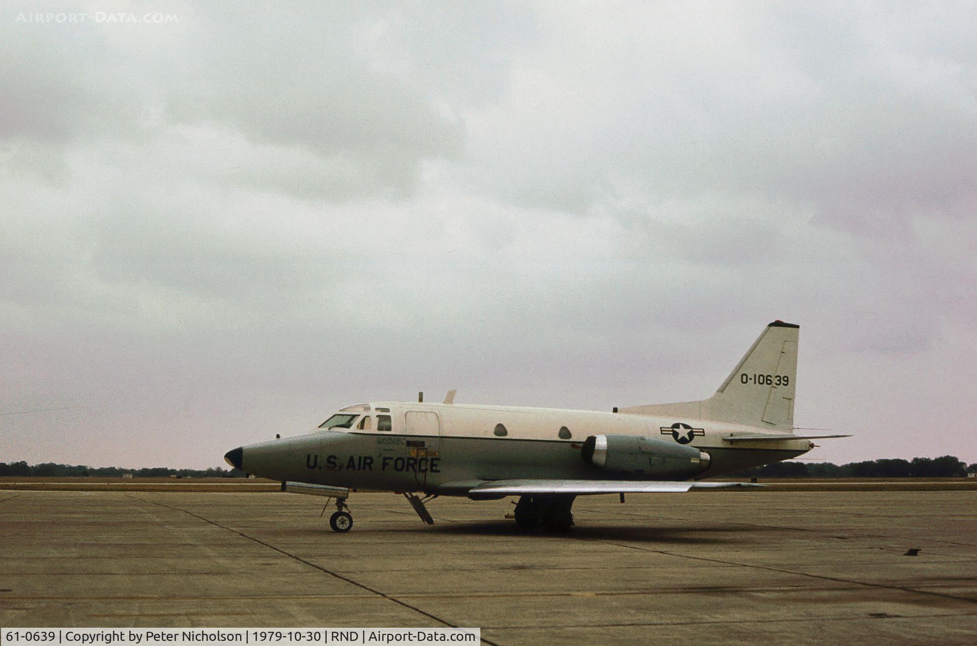 61-0639, 1961 North American CT-39A Sabreliner C/N 265-42, T-39A Sabreliner of the 76th Military Airlift Group as seen at Randolph AFB in October 1979.