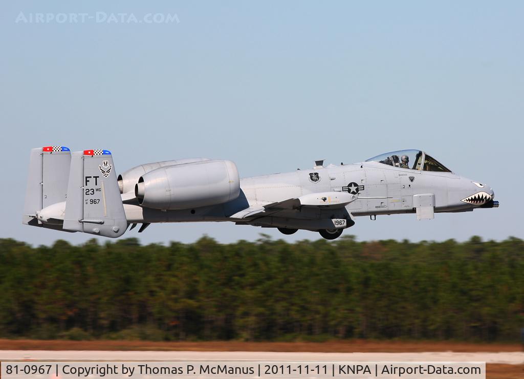 81-0967, 1981 Fairchild Republic A-10C Thunderbolt II C/N A10-0662, A-10C from the USAF 23rd W.G. performing a low pass at NAS Pensacola, FL. during at the 2011 Blue Angels Homecoming airshow.