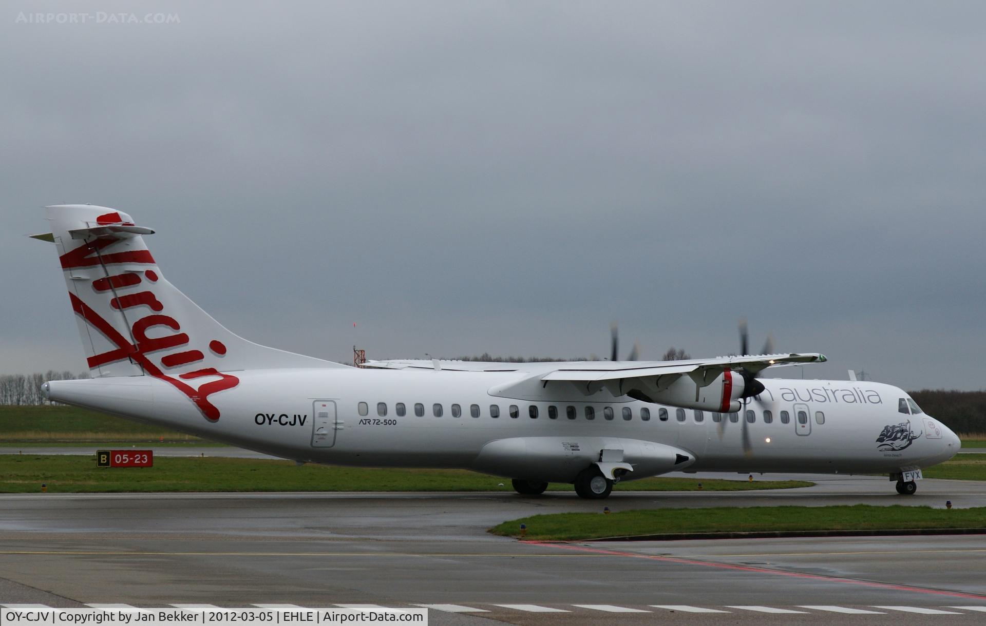 OY-CJV, 2011 ATR 72-212A C/N 986, On its way to the runway for Australia. Temporary under its former registration OY-CJV what will be changed in Australia in VH-FVX. That registration is allready on the nose.