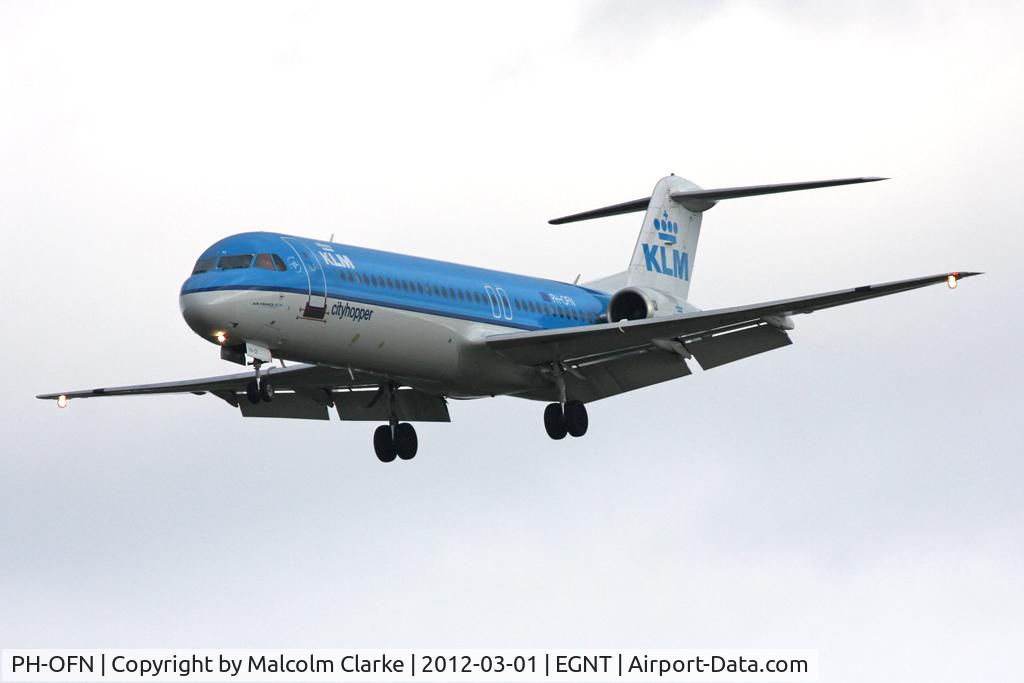 PH-OFN, 1993 Fokker 100 (F-28-0100) C/N 11477, Fokker 100 on approach to Runway 25 at Newcastle Airport, March 2012.