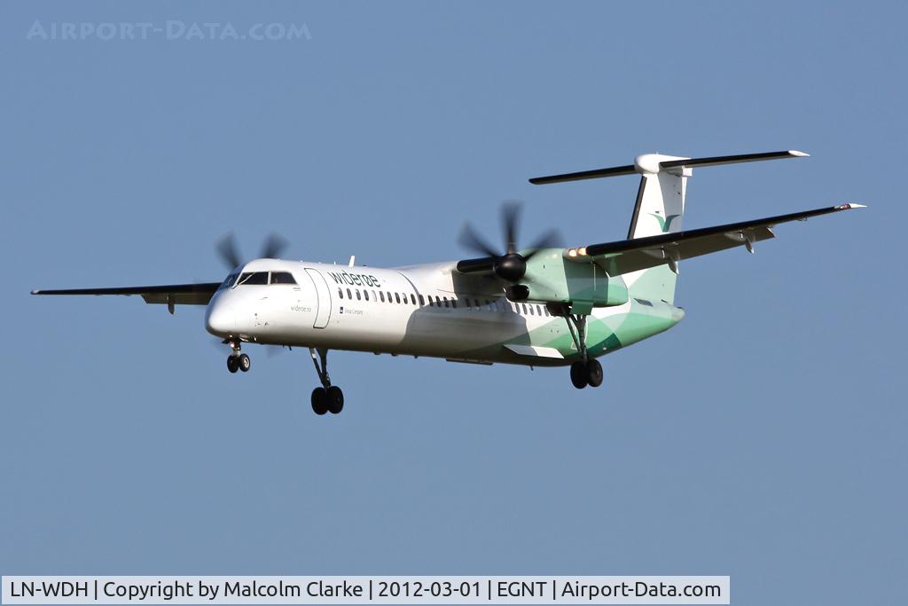 LN-WDH, 2009 De Havilland Canada DHC-8-402Q Dash 8 C/N 4273, De Havilland Canada DHC-8-402Q Dash 8 on approach to Runway 25 at Newcastle Airport, March 2012.