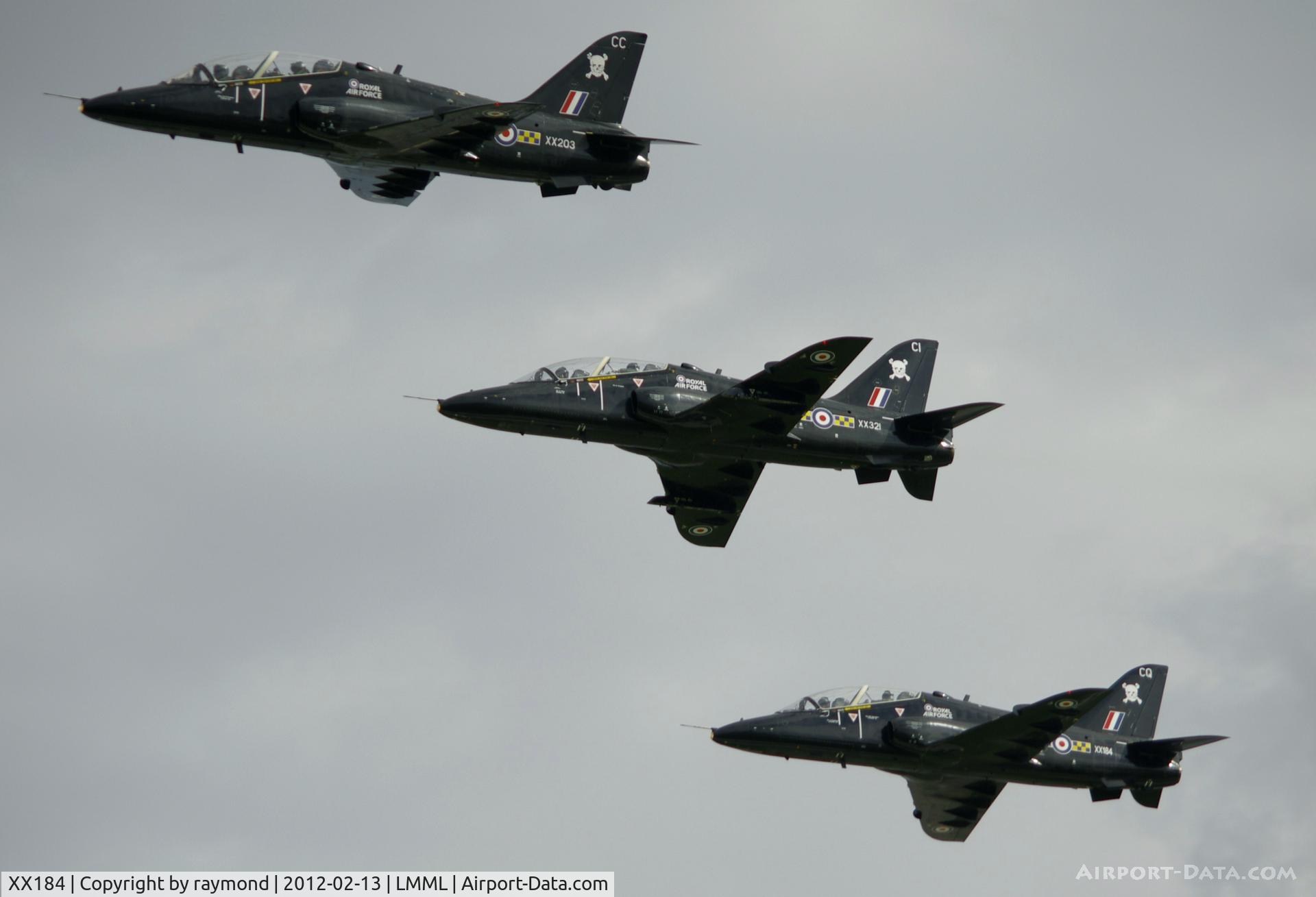 XX184, 1977 Hawker Siddeley Hawk T.1 C/N 031/312031, Hawks XX184, XX203 and XX321 of 100Sqd RAF during the run in over RW31 in Malta.