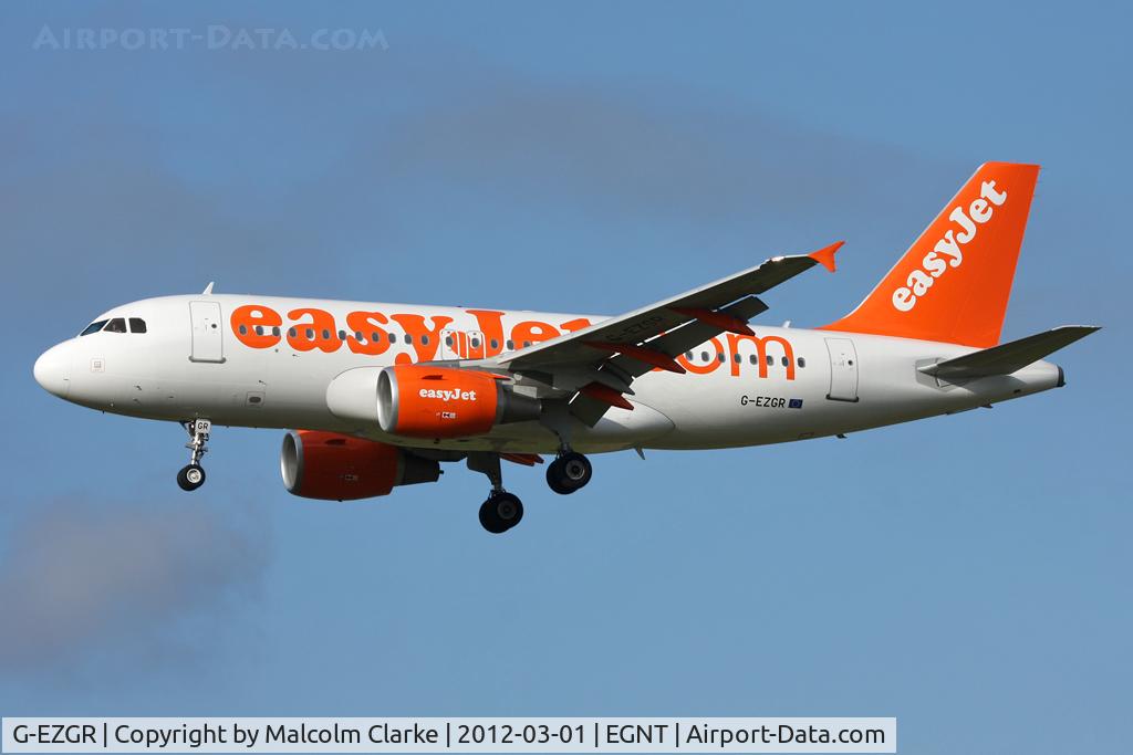 G-EZGR, 2011 Airbus A319-111 C/N 4837, Airbus A319-111 on approach to Runway 25 at Newcastle Airport, March 2012.