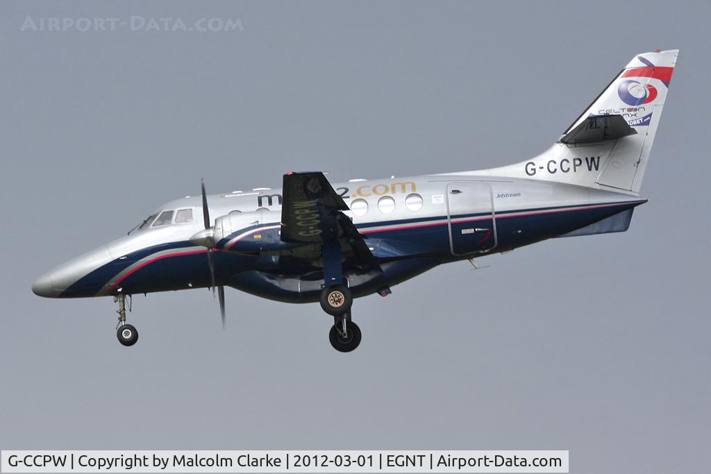 G-CCPW, 1987 British Aerospace BAe-3112 Jetstream 31 C/N 785, British Aerospace BAe-3112 Jetstream 31 on approach to Runway 25 at Newcastle Airport, March 2012.