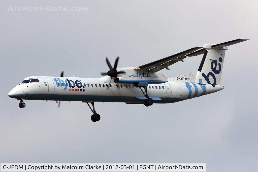 G-JEDM, 2003 De Havilland Canada DHC-8-402Q Dash 8 C/N 4077, De Havilland Canada DHC-8-402Q on approach to Runway 25 at Newcastle Airport, March 2012.