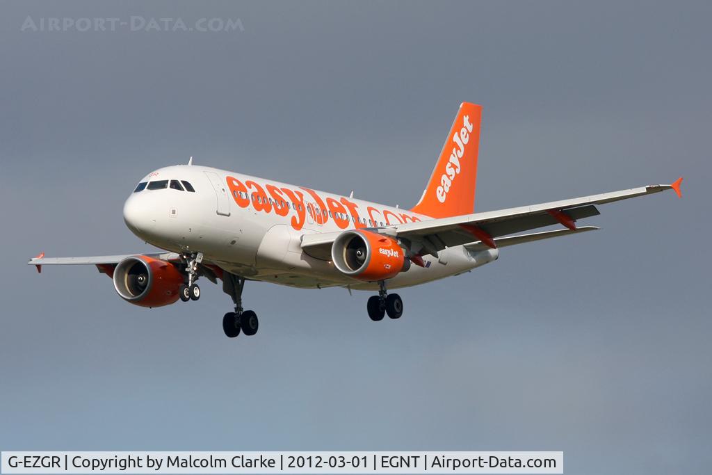 G-EZGR, 2011 Airbus A319-111 C/N 4837, Airbus A319-111 on approach to Runway 25 at Newcastle Airport, March 2012.