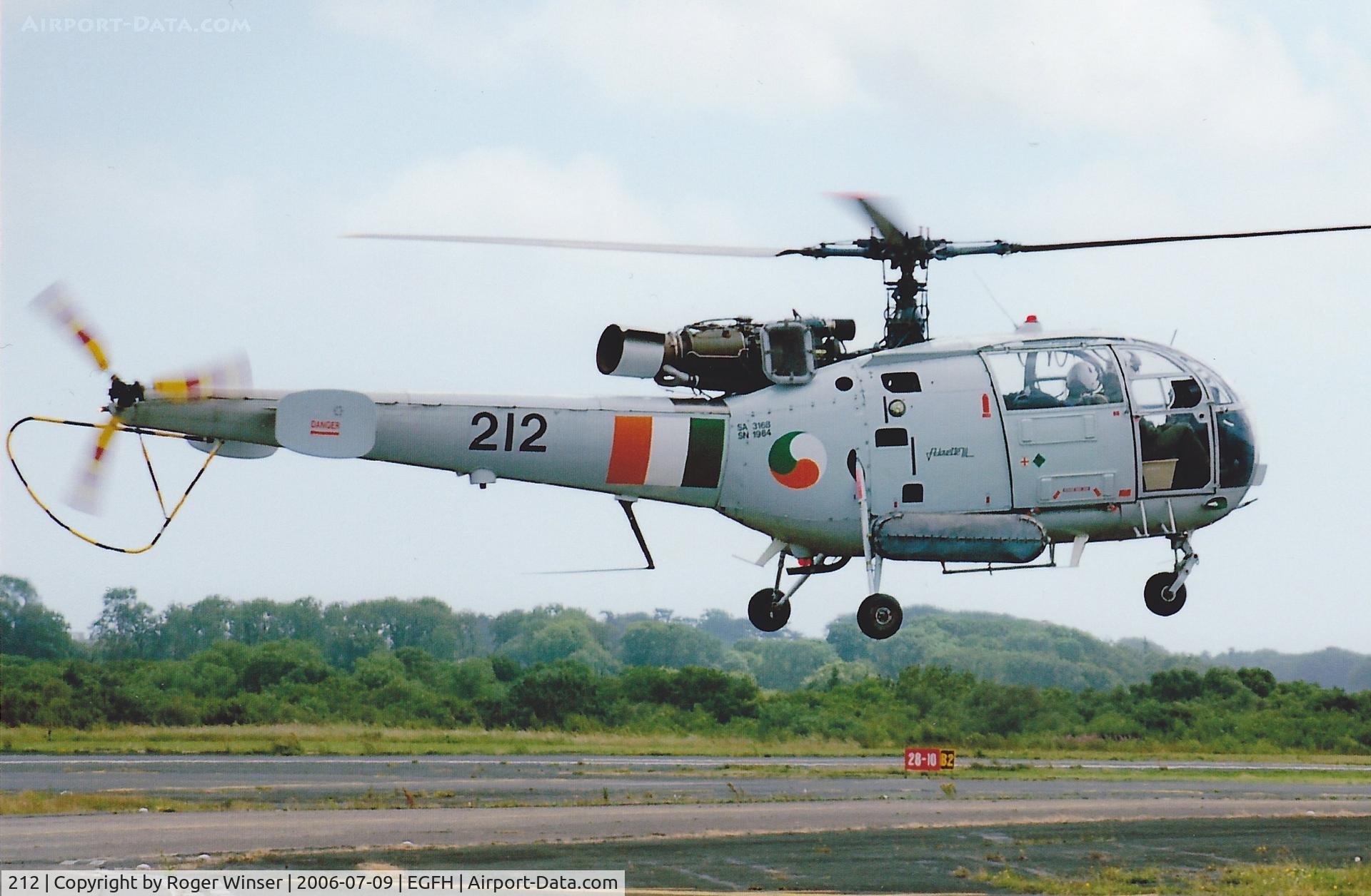 212, Aérospatiale SA-316B Alouette III C/N 1984, Operated by 302 Squadron Irish Air Corps. Departing after a brief visit. Was on static display at the RNAS Yeovilton Air Day the previous day.