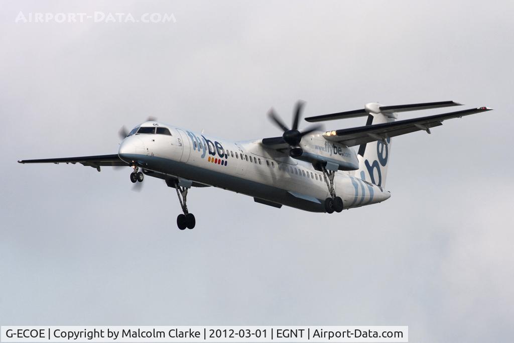 G-ECOE, 2008 De Havilland Canada DHC-8-402Q Dash 8 C/N 4212, De Havilland Canada DHC-8-402Q on approach to Runway 25 at Newcastle Airport, March 2012.