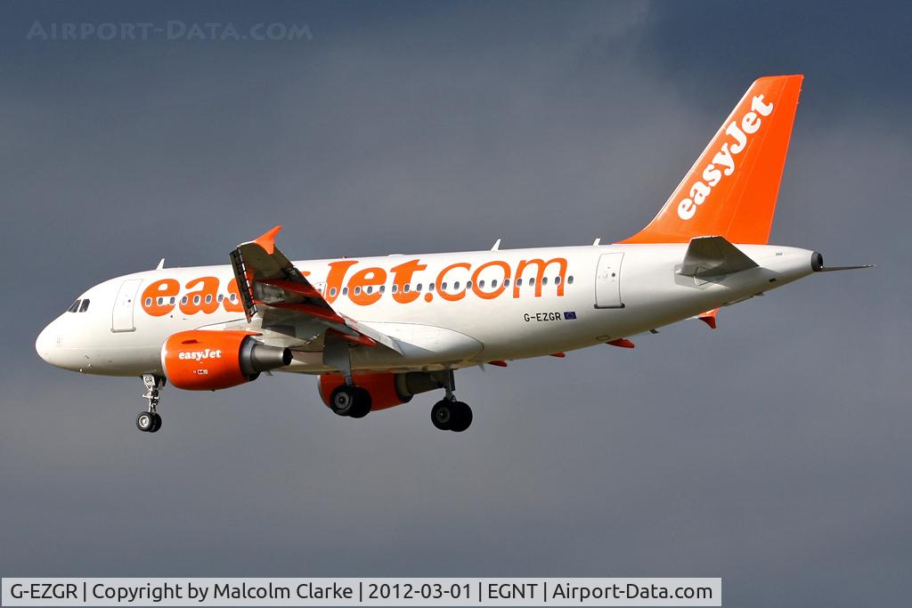 G-EZGR, 2011 Airbus A319-111 C/N 4837, Airbus A319-111 on approach to Runway 25 at Newcastle Airport, March 2012.