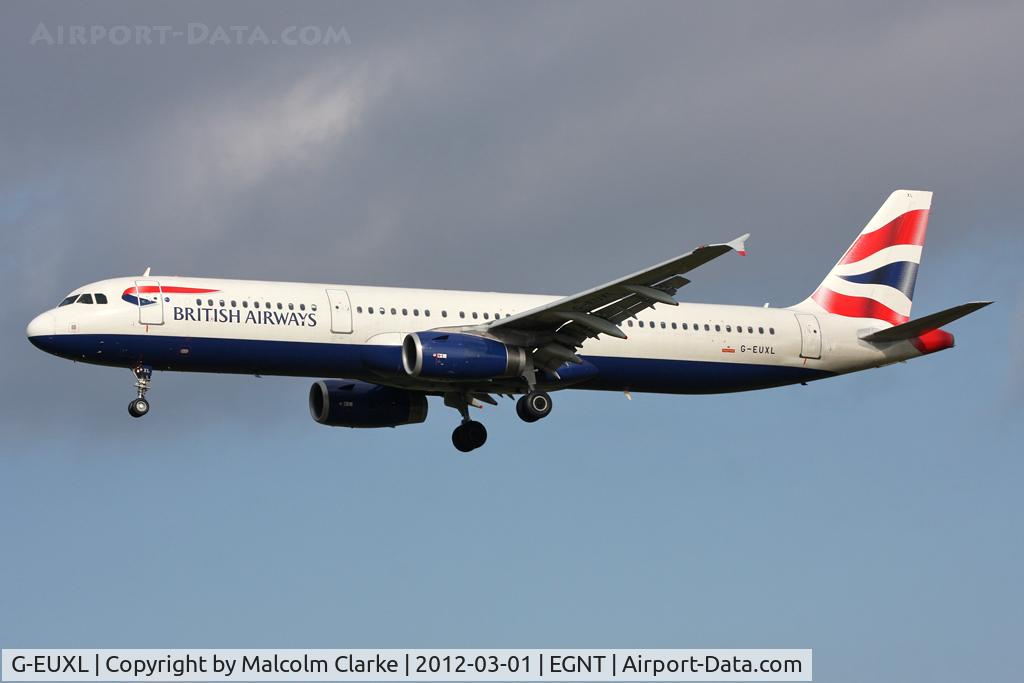 G-EUXL, 2007 Airbus A321-231 C/N 3254, Airbus A321-231 on approach to Runway 25 at Newcastle Airport, March 2012.