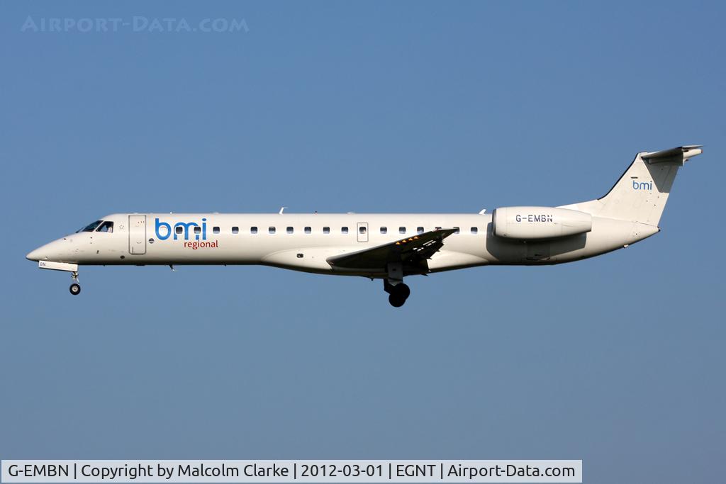 G-EMBN, 2000 Embraer EMB-145EP (ERJ-145EP) C/N 145201, Embraer ERJ-145EP on approach to Runway 25 at Newcastle Airport, March 2012.