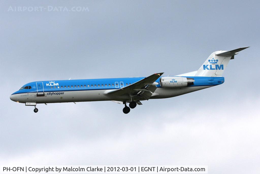 PH-OFN, 1993 Fokker 100 (F-28-0100) C/N 11477, Fokker 100 on approach to Runway 25 at Newcastle Airport, March 2012.