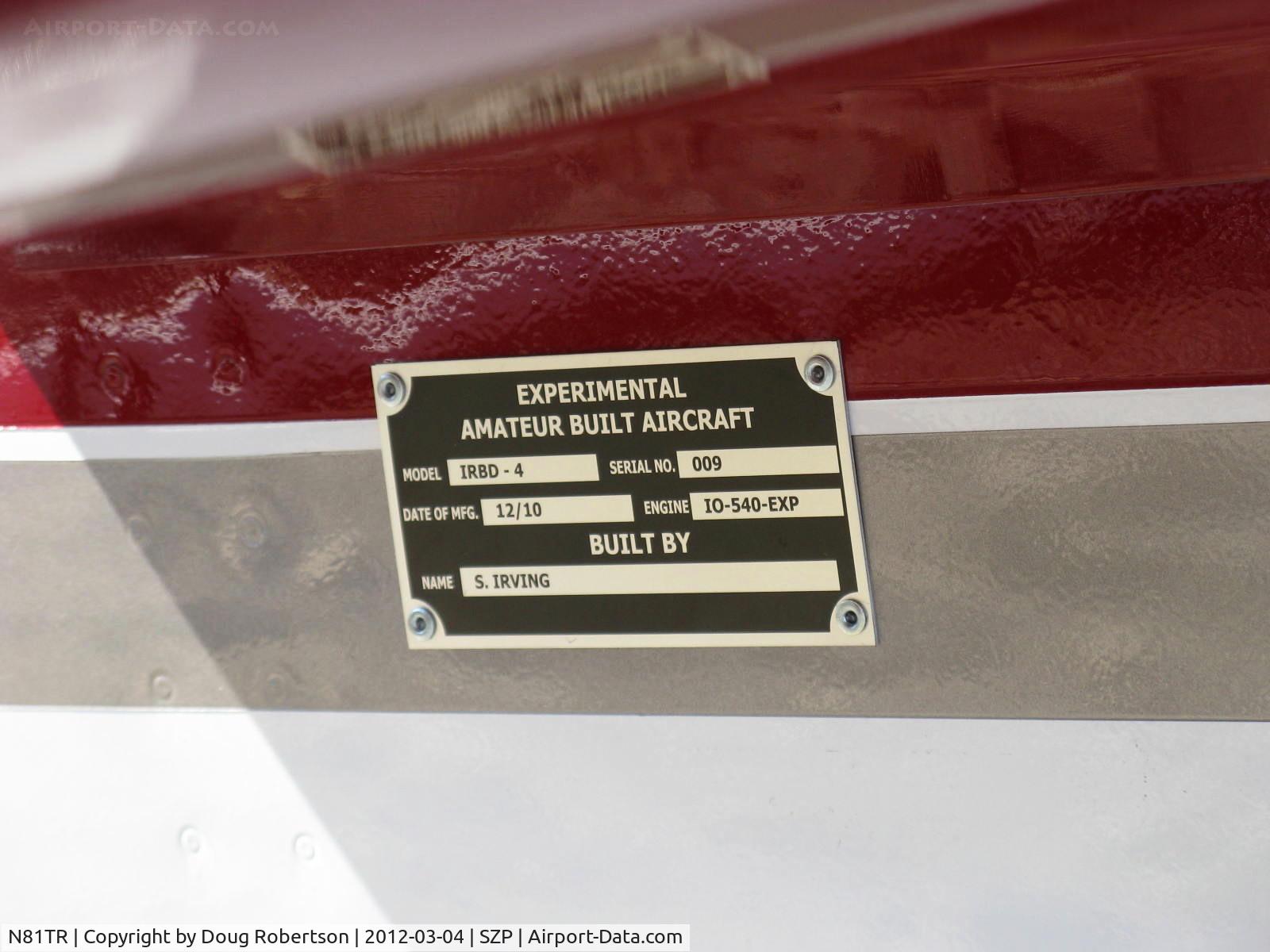 N81TR, Vans RV-4 C/N 009, 2010 Irving IRBD-4, Lycoming IO-540-EXP 330 Hp, data plate