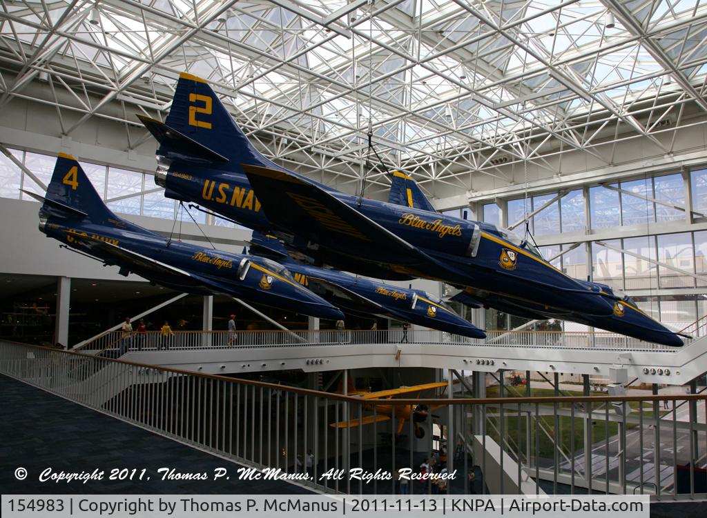 154983, Douglas A-4F Skyhawk C/N 13799, Blue Angel #2 on display as part of the Blue Angel diamond formation  in the atrium in the National Museum of Naval Aviation at NAS Pensacola, FL.