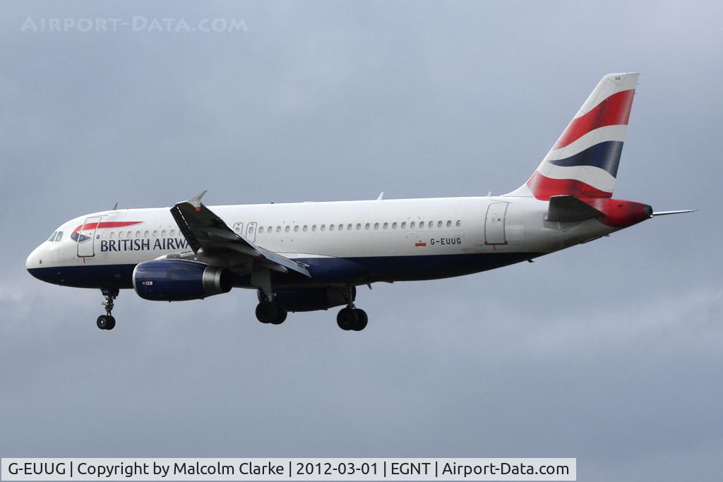 G-EUUG, 2002 Airbus A320-232 C/N 1829, Airbus A320-232 on approach to Runway 25 at Newcastle Airport, March 2012.