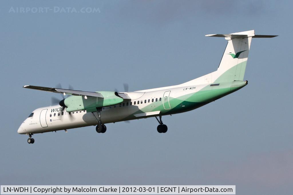 LN-WDH, 2009 De Havilland Canada DHC-8-402Q Dash 8 C/N 4273, De Havilland Canada DHC-8-402Q Dash 8 on approach to Runway 25 at Newcastle Airport, March 2012.