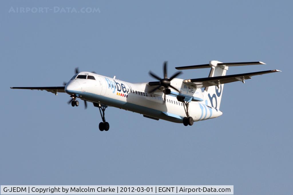 G-JEDM, 2003 De Havilland Canada DHC-8-402Q Dash 8 C/N 4077, De Havilland Canada DHC-8-402Q on approach to Runway 25 at Newcastle Airport, March 2012.