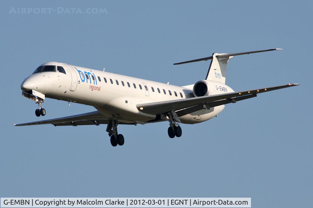 G-EMBN, 2000 Embraer EMB-145EP (ERJ-145EP) C/N 145201, Embraer ERJ-145EP on approach to Runway 25 at Newcastle Airport, March 2012.