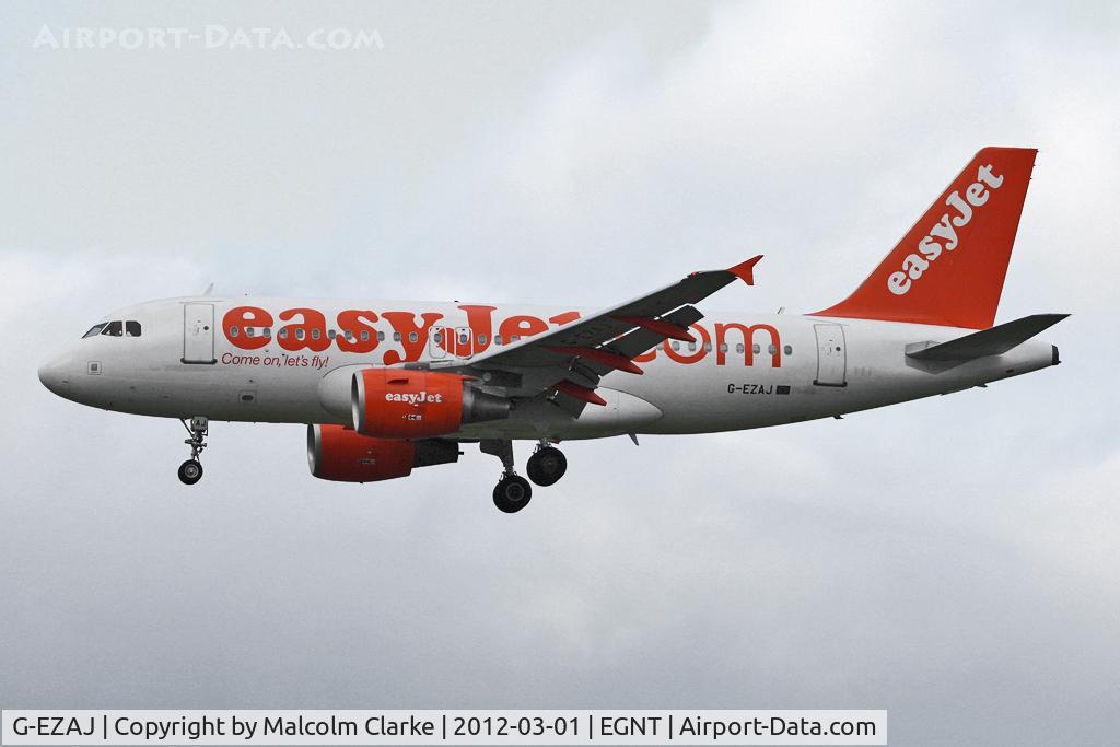 G-EZAJ, 2006 Airbus A319-111 C/N 2742, Airbus A319-111 on approach to Runway 25 at Newcastle Airport, March 2012.