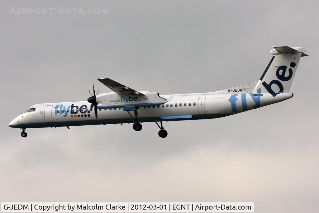 G-JEDM, 2003 De Havilland Canada DHC-8-402Q Dash 8 C/N 4077, De Havilland Canada DHC-8-402Q on approach to Runway 25 at Newcastle Airport, March 2012.