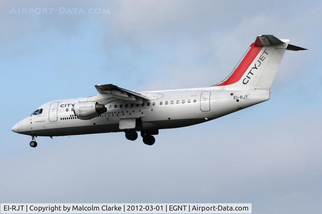 EI-RJT, 2000 British Aerospace Avro 146-RJ85A C/N E2366, British Aerospace AVRO 146-RJ85A on approach to Runway 25 at Newcastle Airport, March 2012.