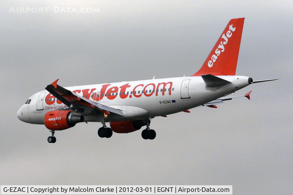 G-EZAC, 2006 Airbus A319-111 C/N 2691, Airbus A319-111 on approach to Runway 25 at Newcastle Airport, March 2012.