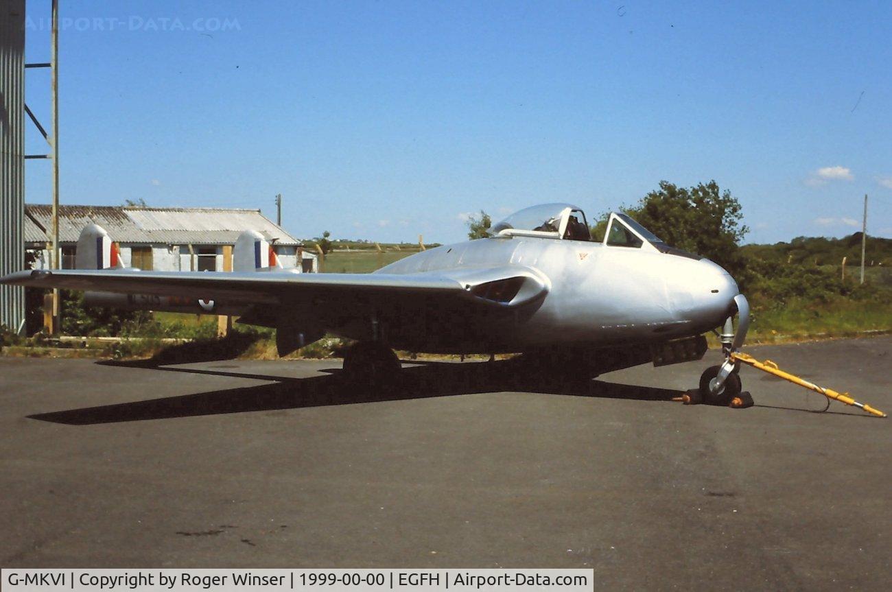 G-MKVI, 1953 De Havilland (FFA) Vampire FB6 (DH-100) C/N 676, Served as J-1167 in the Swiss Air Force. Part of DHA's collection at Swansea Airport in 1999.
Painted to represent Vampire FB.9 WL505 of 614 (County of Glamorgan) Squadron Royal Auxiliary Air Force.