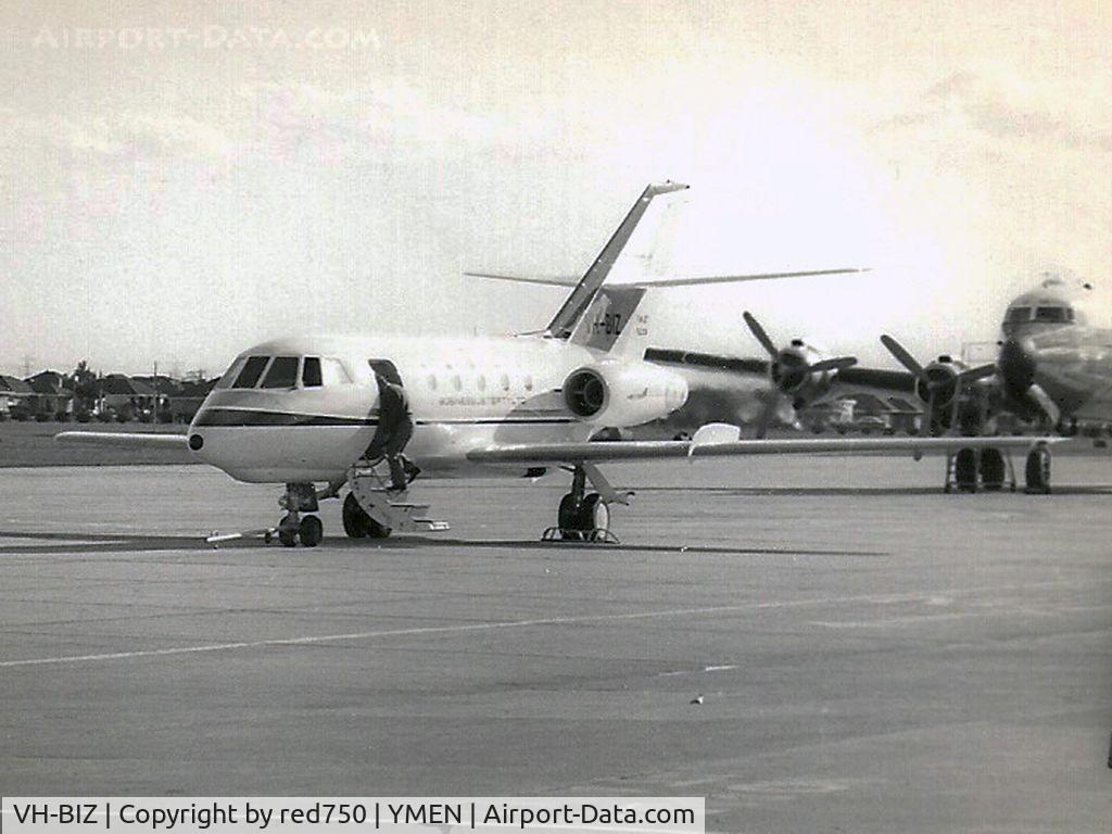 VH-BIZ, 1967 Dassault Falcon 20CC C/N 073, This image was scanned from a b&w print taken some time in the early 1960's at Essendon. This was the first business jet in Australia and the only example of the Falcon 20CC built, with dual wheels and low pressure tyres for use on unimproved strips.
