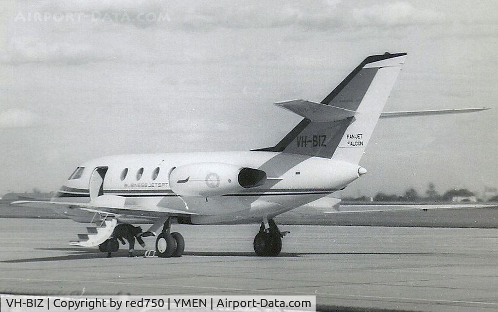 VH-BIZ, 1967 Dassault Falcon 20CC C/N 073, This image was scanned from a b&w print taken some time in the early 1960's at Essendon. This was the first business jet in Australia and the only example of the Falcon 20CC built, with dual wheels and low pressure tyres for use on unimproved strips.