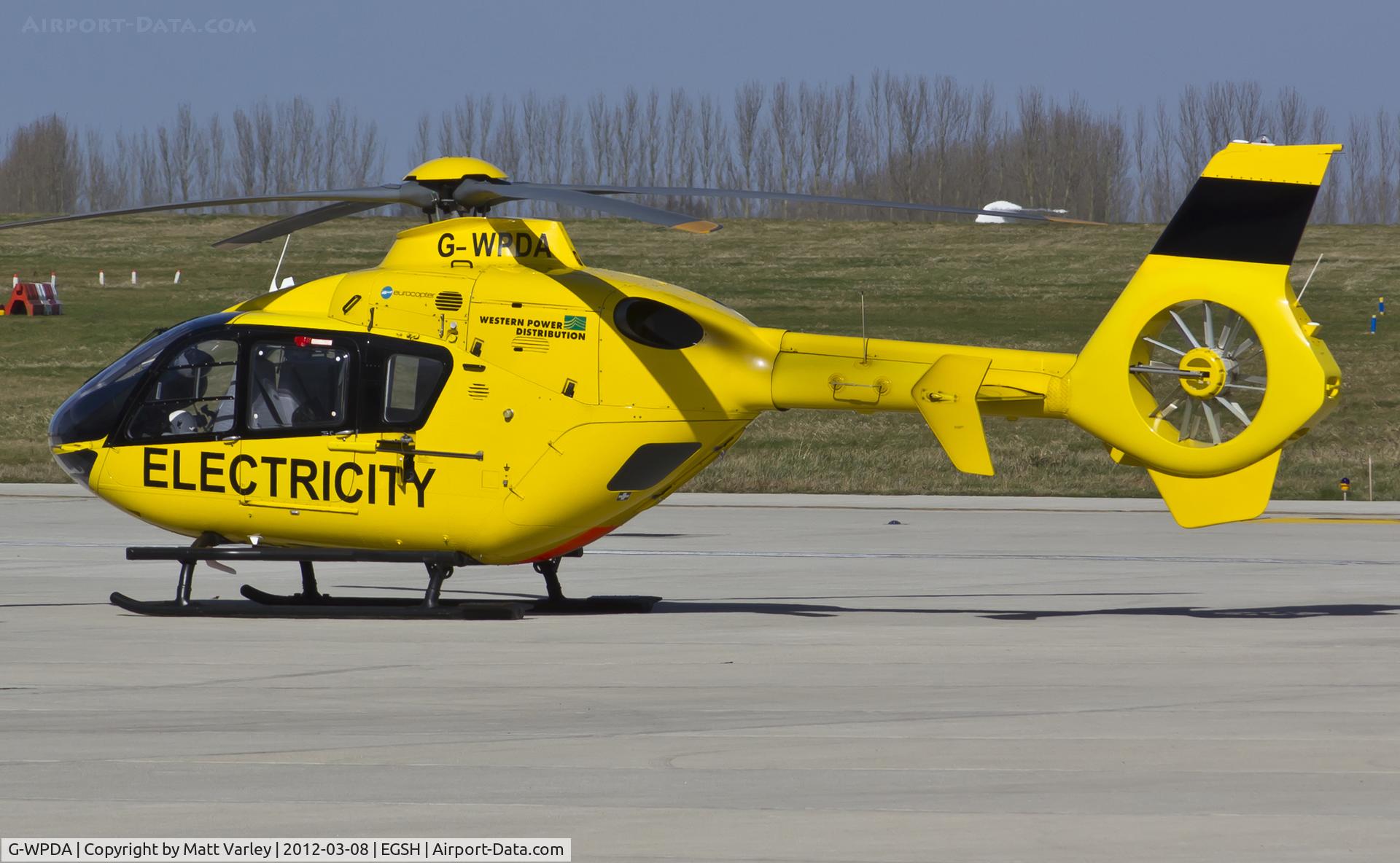 G-WPDA, 1999 Eurocopter EC-135P-1 C/N 0109, Electricity 18 sat on stand at SaxonAir after arriving for fuel.